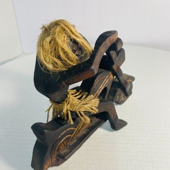 Rare Primitive Java Man on Motorcycle Wooden Carving and Jute Tribal Sculpture - Picture 10 of 17